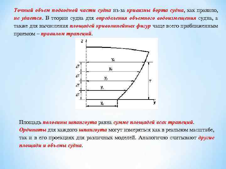 Точный объем подводной части судна из-за кривизны борта судна, как правило, не удается. В