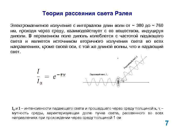 Теория рассеяния света Рэлея Электромагнитное излучение с интервалом длин волн от ~ 380 до