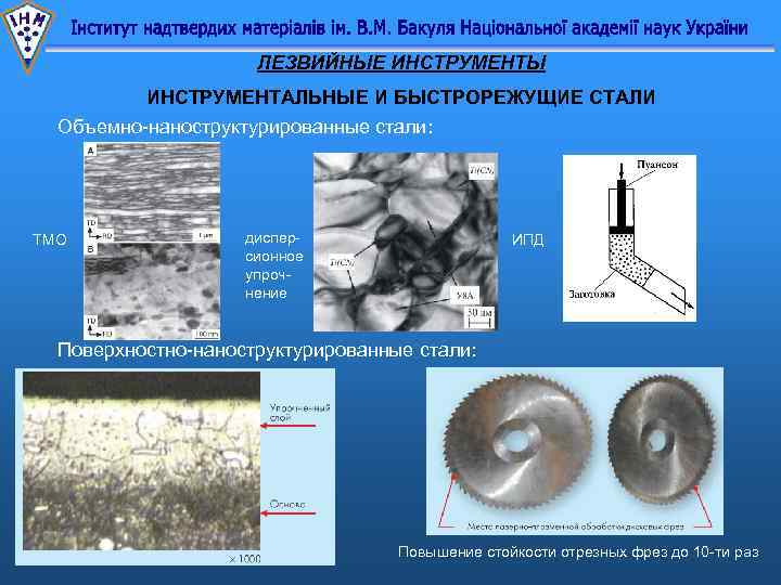 ЛЕЗВИЙНЫЕ ИНСТРУМЕНТЫ ИНСТРУМЕНТАЛЬНЫЕ И БЫСТРОРЕЖУЩИЕ СТАЛИ Объемно-наноструктурированные стали: ТМО дисперсионное упрочнение ИПД Поверхностно-наноструктурированные стали: