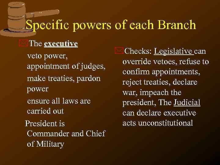 Specific powers of each Branch *The executive veto power, appointment of judges, make treaties,