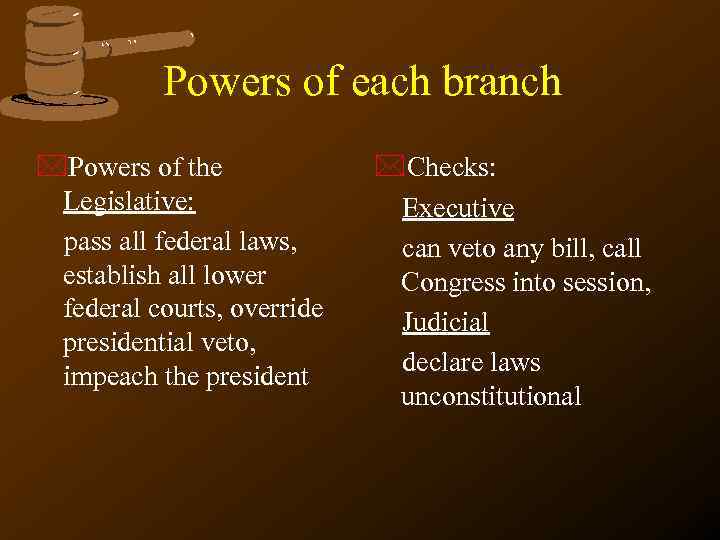Powers of each branch *Powers of the Legislative: pass all federal laws, establish all