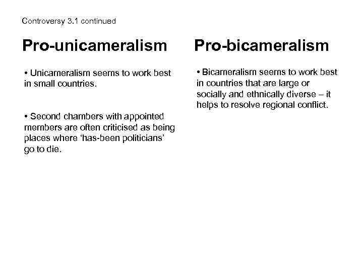 Controversy 3. 1 continued Pro-unicameralism Pro-bicameralism • Unicameralism seems to work best in small