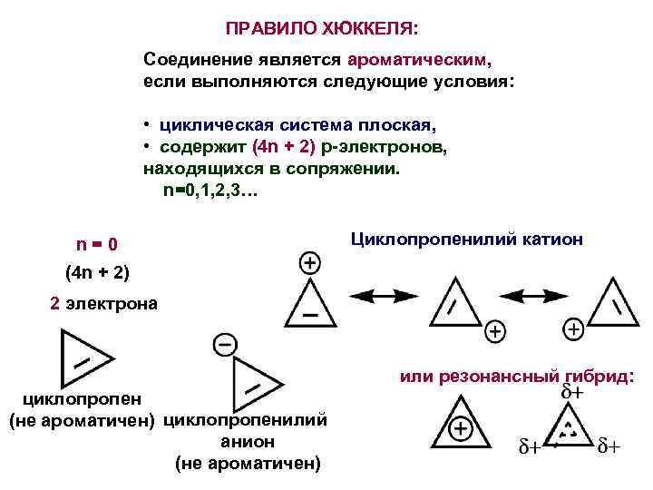 ПРАВИЛО ХЮККЕЛЯ: Соединение является ароматическим, если выполняются следующие условия: • циклическая система плоская, •