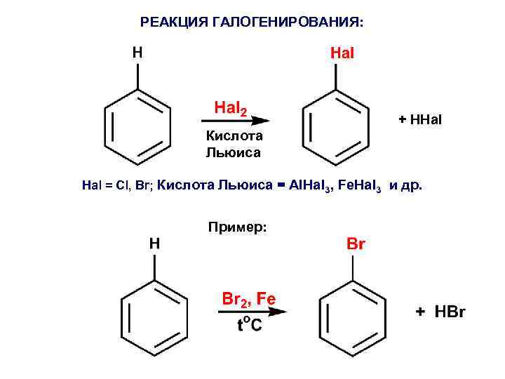 РЕАКЦИЯ ГАЛОГЕНИРОВАНИЯ: + HHal Кислота Льюиса Hal = Cl, Br; Кислота Льюиса = Al.