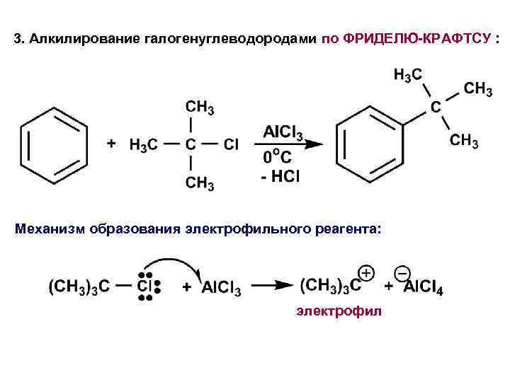 3. Алкилирование галогенуглеводородами по ФРИДЕЛЮ-КРАФТСУ : Механизм образования электрофильного реагента: электрофил 