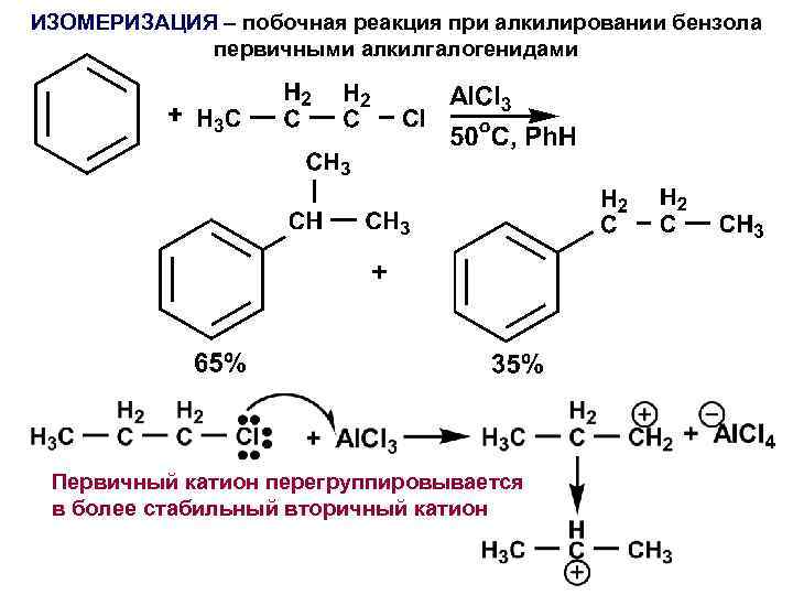 ИЗОМЕРИЗАЦИЯ – побочная реакция при алкилировании бензола первичными алкилгалогенидами Первичный катион перегруппировывается в более