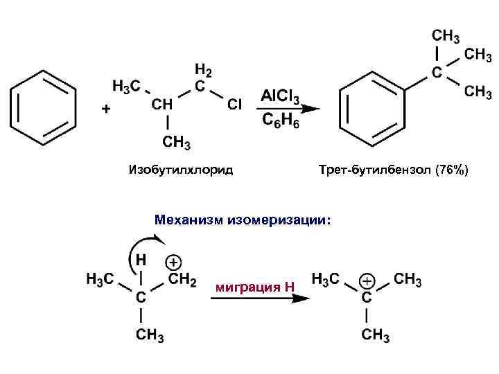 Изобутилхлорид Трет-бутилбензол (76%) Механизм изомеризации: миграция H 