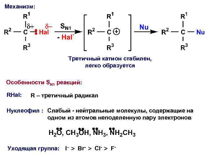 Механизм: Третичный катион стабилен, легко образуется Особенности SN 1 реакций: RHal: R – третичный