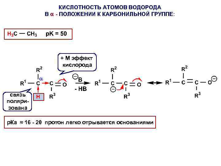 КИСЛОТНОСТЬ АТОМОВ ВОДОРОДА В - ПОЛОЖЕНИИ К КАРБОНИЛЬНОЙ ГРУППЕ: + М эффект кислорода связь