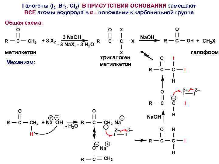 Галогены (I 2, Br 2, Cl 2) В ПРИСУТСТВИИ ОСНОВАНИЙ замещают ВСЕ атомы водорода