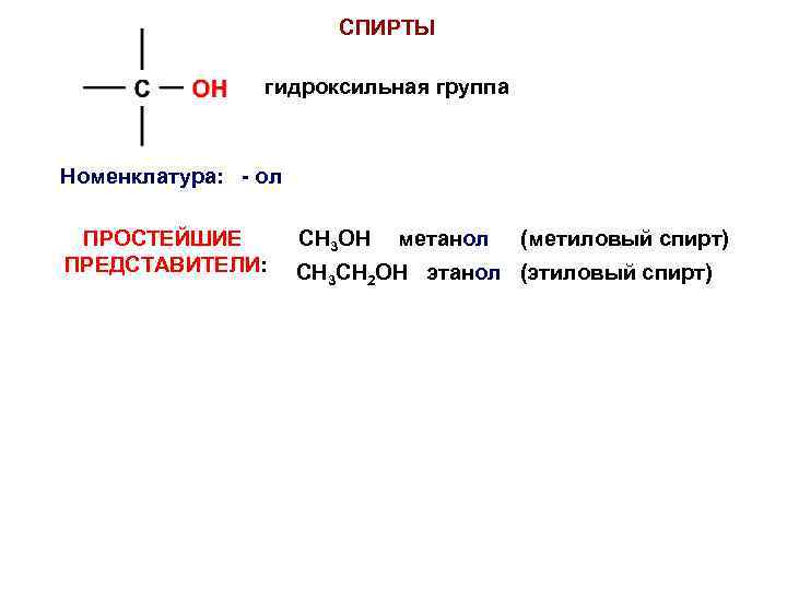 СПИРТЫ гидроксильная группа Номенклатура: - ол ПРОСТЕЙШИЕ ПРЕДСТАВИТЕЛИ: СH 3 OH метанол (метиловый спирт)