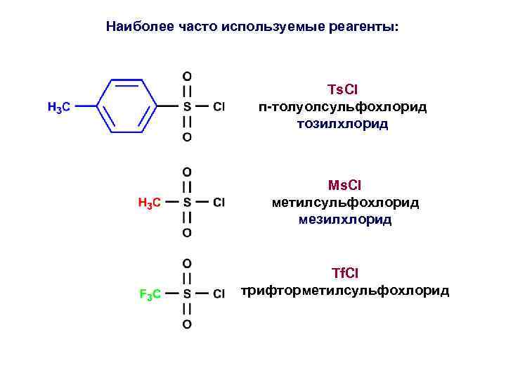 Наиболее часто используемые реагенты: Ts. Cl п-толуолсульфохлорид тозилхлорид Ms. Cl метилсульфохлорид мезилхлорид Tf. Cl