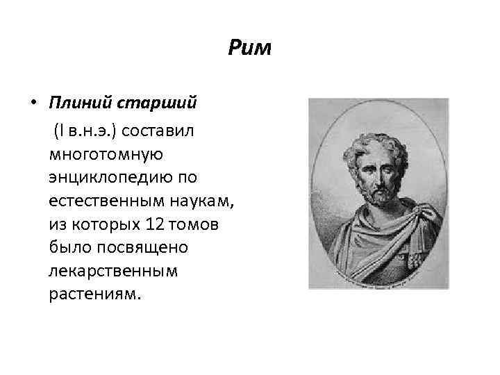 Рим • Плиний старший (I в. н. э. ) составил многотомную энциклопедию по естественным