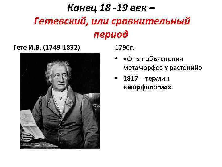 Конец 18 -19 век – Гетевский, или сравнительный период Гете И. В. (1749 -1832)