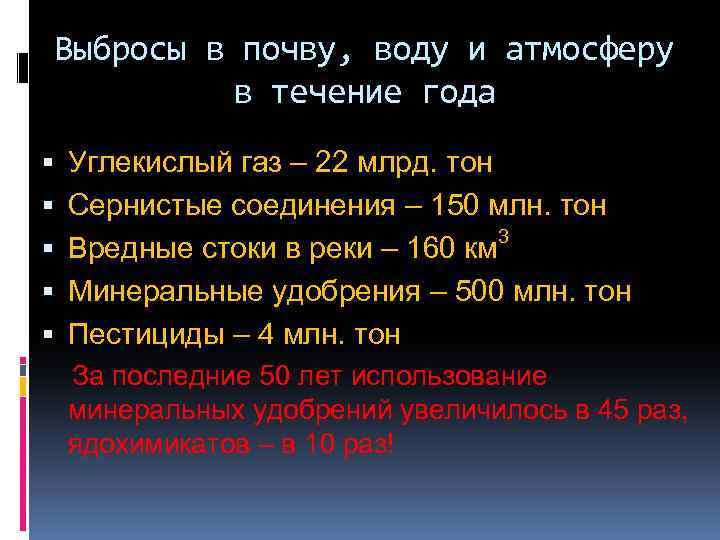 Выбросы в почву, воду и атмосферу в течение года Углекислый газ – 22 млрд.