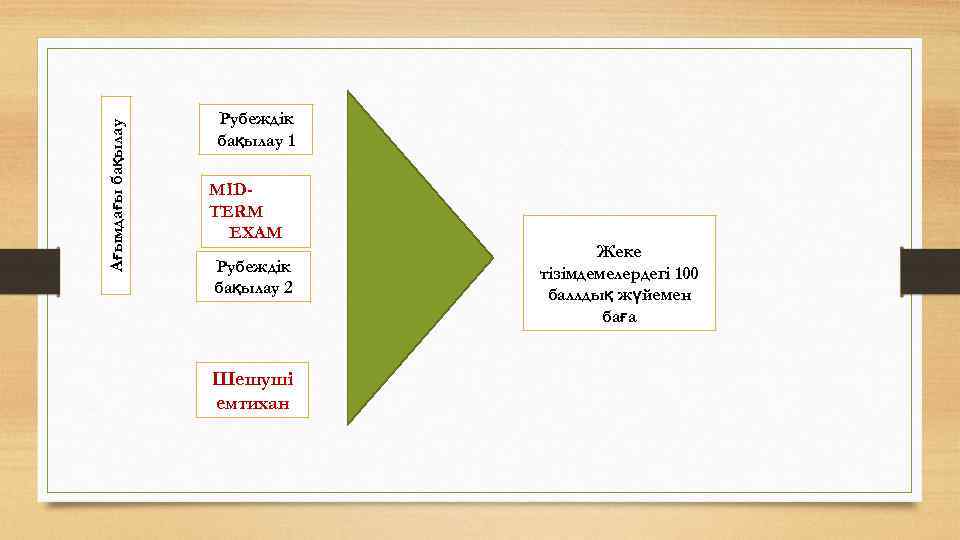 Ағымдағы бақылау Рубеждік бақылау 1 MIDTERM EXAM Рубеждік бақылау 2 Шешуші емтихан Жеке тізімдемелердегі