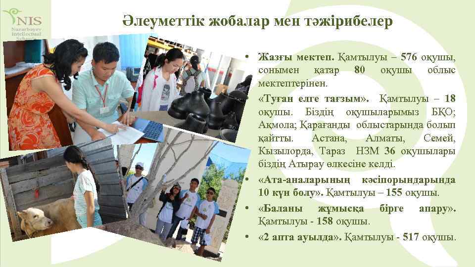 Әлеуметтік жобалар мен тәжірибелер • Жазғы мектеп. Қамтылуы – 576 оқушы, сонымен қатар 80