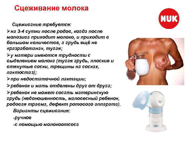 Сцеживание молока Сцеживание требуется: Øна 3 -4 сутки после родов, когда после молозива приходит