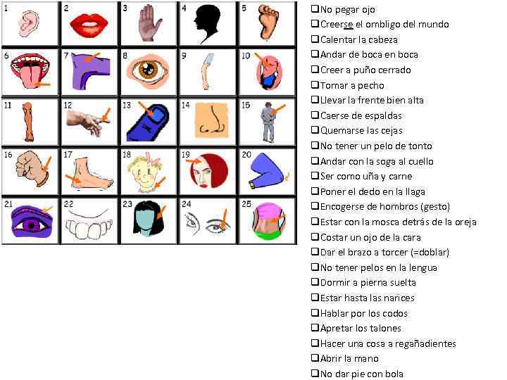 q. No pegar ojo q. Creerse el ombligo del mundo q. Calentar la cabeza