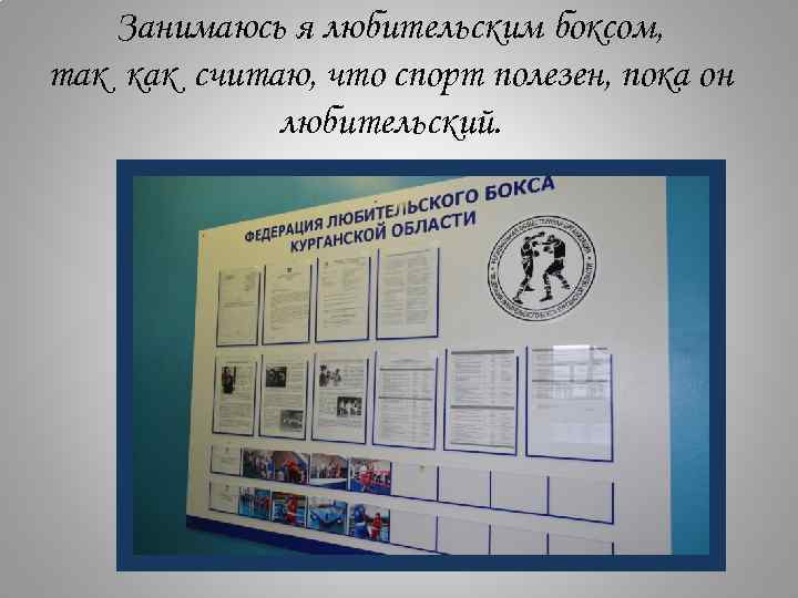 Занимаюсь я любительским боксом, так как считаю, что спорт полезен, пока он любительский. 