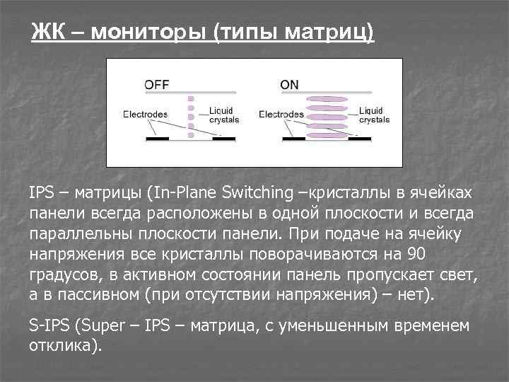 ЖК – мониторы (типы матриц) IPS – матрицы (In-Plane Switching –кристаллы в ячейках панели