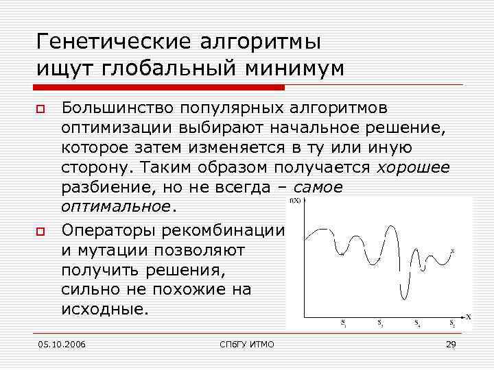 Генетические алгоритмы ищут глобальный минимум o o Большинство популярных алгоритмов оптимизации выбирают начальное решение,