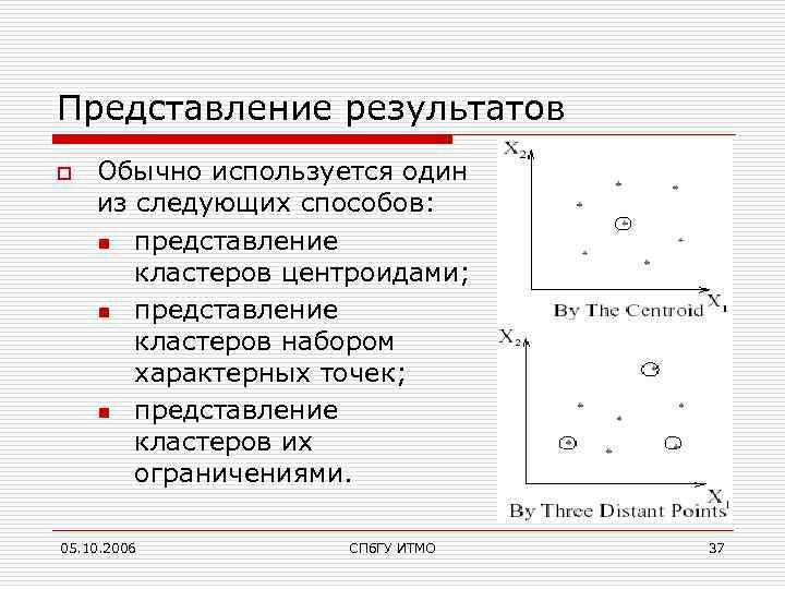 Представление результатов o Обычно используется один из следующих способов: n представление кластеров центроидами; n