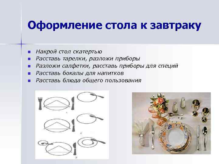 Оформление стола к завтраку n n n Накрой стол скатертью Расставь тарелки, разложи приборы