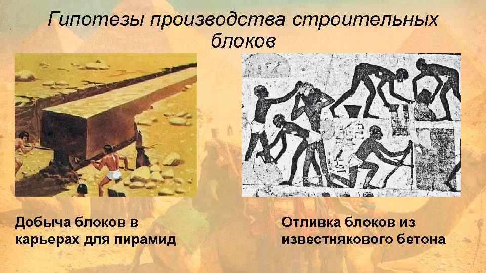 Гипотезы производства строительных блоков Добыча блоков в карьерах для пирамид Отливка блоков из известнякового