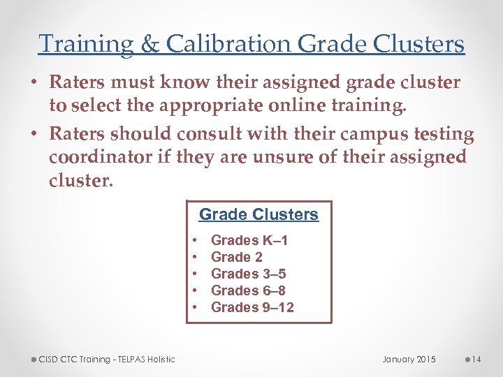 Training & Calibration Grade Clusters • Raters must know their assigned grade cluster to