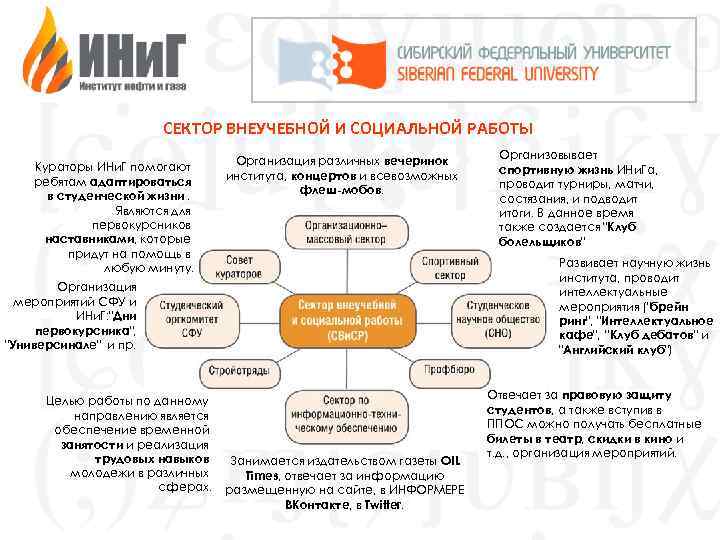 СЕКТОР ВНЕУЧЕБНОЙ И СОЦИАЛЬНОЙ РАБОТЫ Кураторы ИНи. Г помогают ребятам адаптироваться в студенческой жизни.