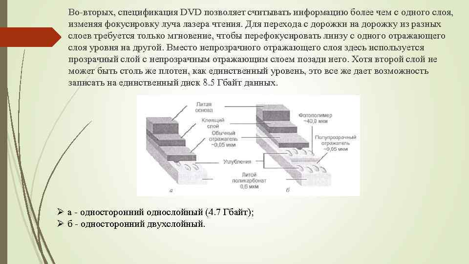 Во-вторых, спецификация DVD позволяет считывать информацию более чем с одного слоя, изменяя фокусировку луча