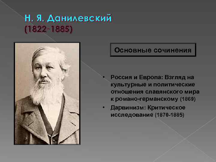 Н. Я. Данилевский (1822‑ 1885) Основные сочинения • Россия и Европа: Взгляд на культурные