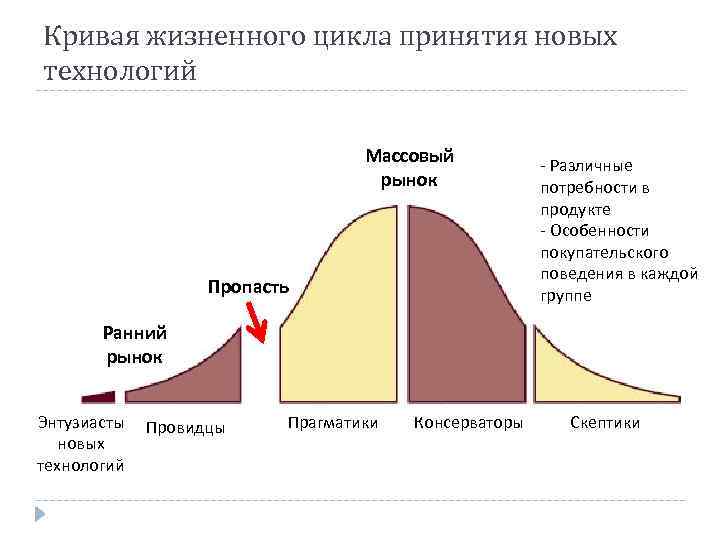 Кривая жизненного цикла принятия новых технологий Массовый рынок Пропасть - Различные потребности в продукте