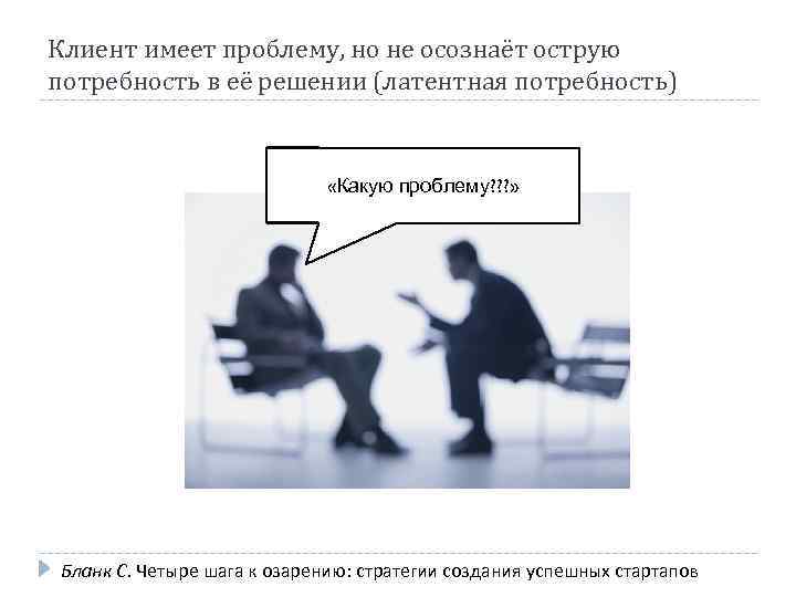 Клиент имеет проблему, но не осознаёт острую потребность в её решении (латентная потребность) «Какую