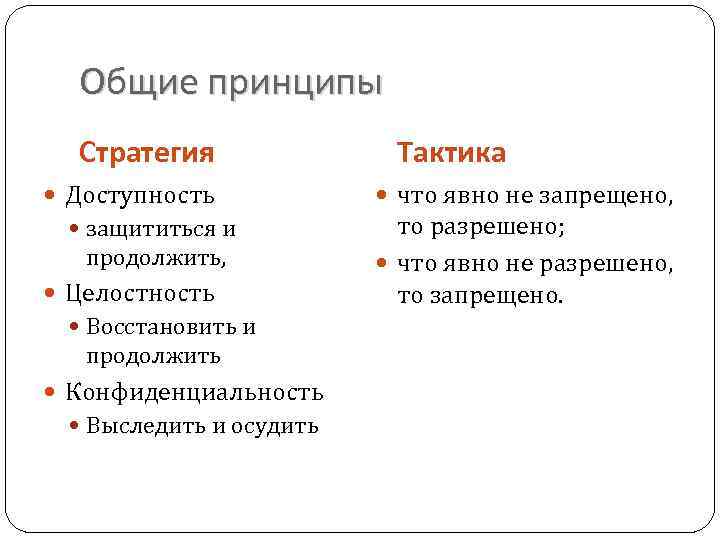 Общие принципы Стратегия Доступность защититься и продолжить, Целостность Восстановить и продолжить Конфиденциальность Выследить и