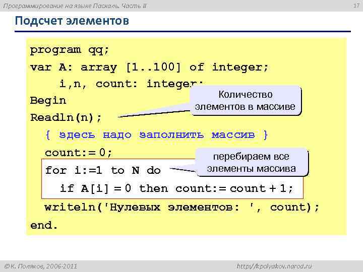 Программирование на языке Паскаль. Часть II 17 Подсчет элементов program qq; var A: array