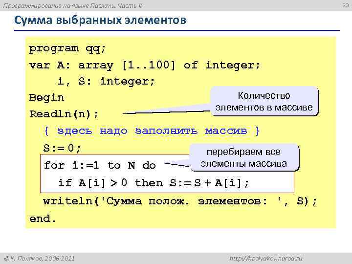 Программирование на языке Паскаль. Часть II 20 Сумма выбранных элементов program qq; var A: