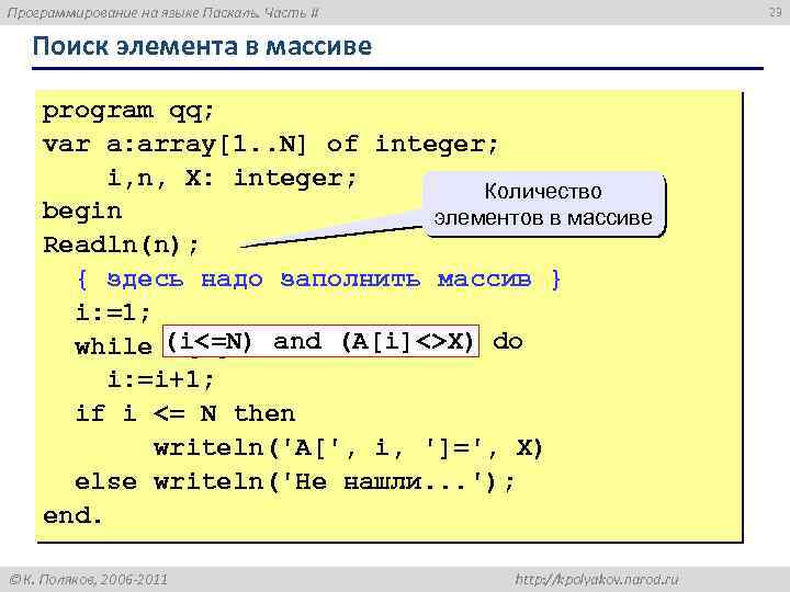 Программирование на языке Паскаль. Часть II 23 Поиск элемента в массиве program qq; var