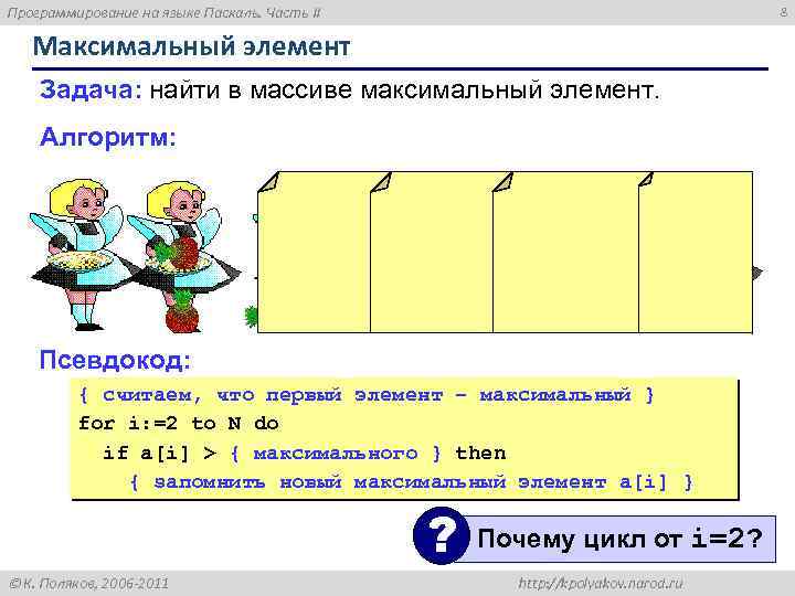 Программирование на языке Паскаль. Часть II 8 Максимальный элемент Задача: найти в массиве максимальный