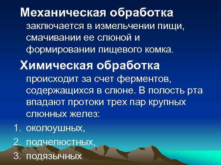 Механическая обработка заключается в измельчении пищи, смачивании ее слюной и формировании пищевого комка. Химическая