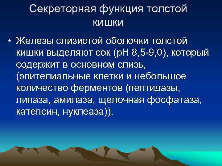 Секреторная функция толстой кишки • Железы слизистой оболочки толстой кишки выделяют сок (р. Н