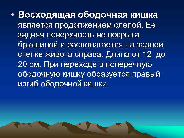  • Восходящая ободочная кишка является продолжением слепой. Ее задняя поверхность не покрыта брюшиной