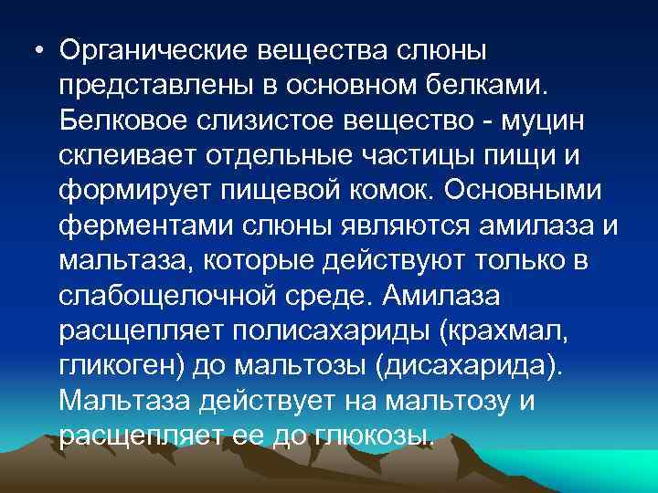 • Органические вещества слюны представлены в основном белками. Белковое слизистое вещество - муцин