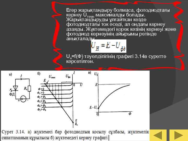 Егер жарықтандыру болмаса, фотодиодтағы кернеу Uтемн максималды болады. Жарықтандыруды ұлғайтқан кезде фотодиодтағы ток өседі,