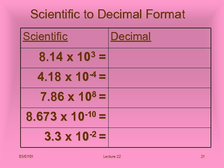 Scientific to Decimal Format Scientific Decimal 8. 14 x 103 = 4. 18 x