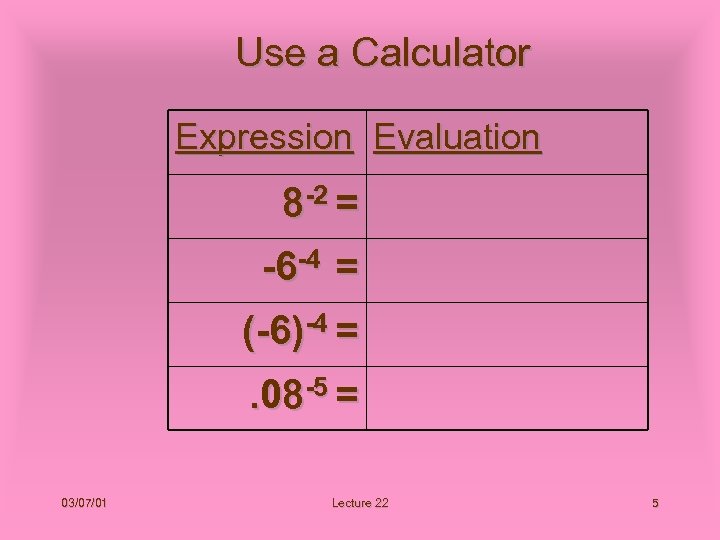 Use a Calculator Expression Evaluation 8 -2 = -6 -4 = (-6)-4 =. 08