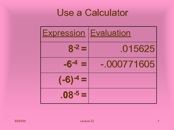 Use a Calculator Expression Evaluation 8 -2 = . 015625 -6 -4 = -.