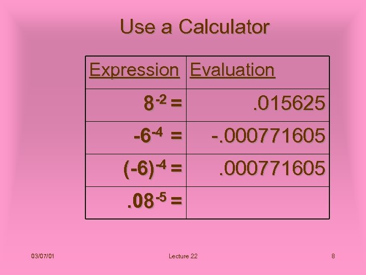 Use a Calculator Expression Evaluation 8 -2 = . 015625 -6 -4 = -.