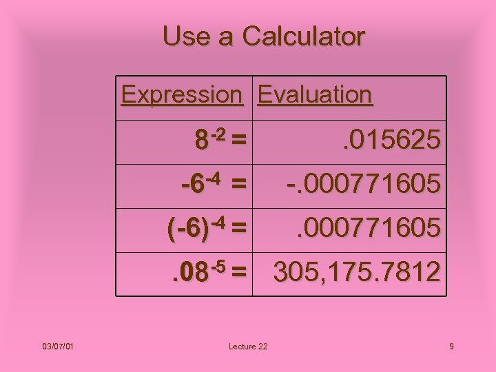 Use a Calculator Expression Evaluation 8 -2 = . 015625 -6 -4 = -.